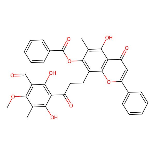 2D Structure of [8-[3-(3-Formyl-2,6-dihydroxy-4-methoxy-5-methylphenyl)-3-oxopropyl]-5-hydroxy-6-methyl-4-oxo-2-phenylchromen-7-yl] benzoate