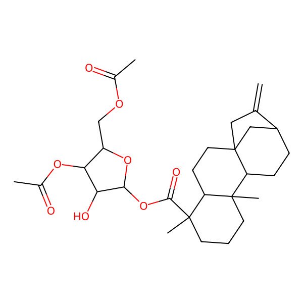 2D Structure of [4-Acetyloxy-5-(acetyloxymethyl)-3-hydroxyoxolan-2-yl] 5,9-dimethyl-14-methylidenetetracyclo[11.2.1.01,10.04,9]hexadecane-5-carboxylate