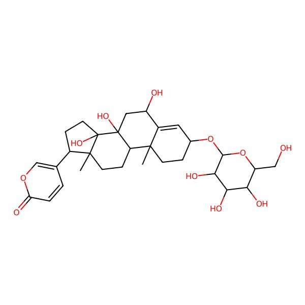 2D Structure of 5-[6,8,14-trihydroxy-10,13-dimethyl-3-[3,4,5-trihydroxy-6-(hydroxymethyl)oxan-2-yl]oxy-2,3,6,7,9,11,12,15,16,17-decahydro-1H-cyclopenta[a]phenanthren-17-yl]pyran-2-one