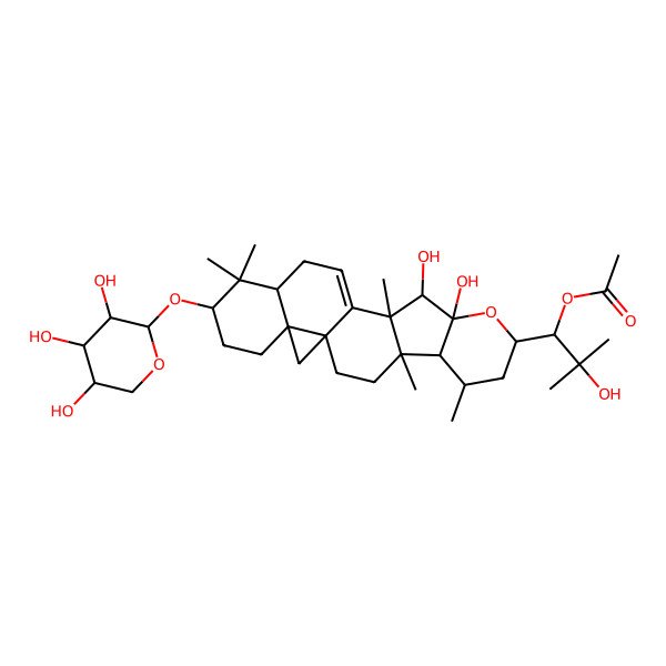 2D Structure of [(1R)-1-[(1R,4R,5R,6R,8R,10R,11R,12R,16R,18S,21R)-10,11-dihydroxy-4,6,12,17,17-pentamethyl-18-[(2S,3R,4S,5R)-3,4,5-trihydroxyoxan-2-yl]oxy-9-oxahexacyclo[11.9.0.01,21.04,12.05,10.016,21]docos-13-en-8-yl]-2-hydroxy-2-methylpropyl] acetate