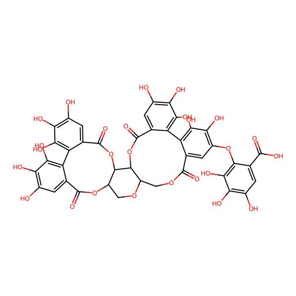 2D Structure of 3,4,5-Trihydroxy-2-[(7,8,9,12,13,14,29,30,33,34,35-undecahydroxy-4,17,25,38-tetraoxo-3,18,21,24,39-pentaoxaheptacyclo[20.17.0.02,19.05,10.011,16.026,31.032,37]nonatriaconta-5,7,9,11,13,15,26,28,30,32,34,36-dodecaen-28-yl)oxy]benzoic acid