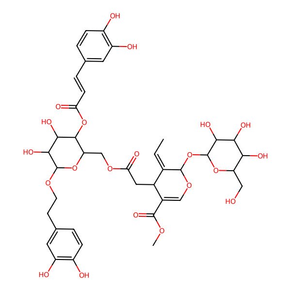2D Structure of methyl (4S,5E,6S)-4-[2-[[(2R,3S,4R,5R,6R)-6-[2-(3,4-dihydroxyphenyl)ethoxy]-3-[(E)-3-(3,4-dihydroxyphenyl)prop-2-enoyl]oxy-4,5-dihydroxyoxan-2-yl]methoxy]-2-oxoethyl]-5-ethylidene-6-[(2S,3R,4S,5S,6R)-3,4,5-trihydroxy-6-(hydroxymethyl)oxan-2-yl]oxy-4H-pyran-3-carboxylate