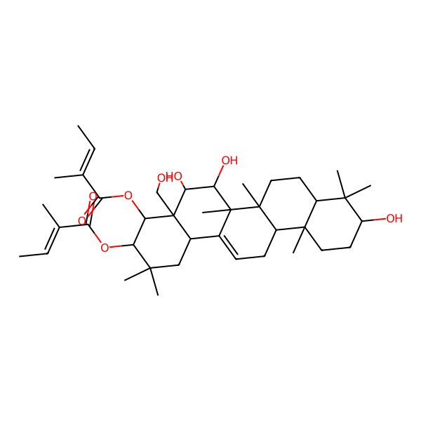 2D Structure of [(3R,4R,4aR,5S,6R,6aR,6aS,6bR,8aR,10S,12aR,14bS)-5,6,10-trihydroxy-4a-(hydroxymethyl)-2,2,6a,6b,9,9,12a-heptamethyl-4-[(Z)-2-methylbut-2-enoyl]oxy-1,3,4,5,6,6a,7,8,8a,10,11,12,13,14b-tetradecahydropicen-3-yl] (E)-2-methylbut-2-enoate
