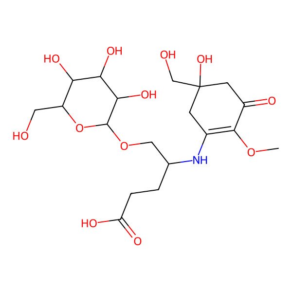 2D Structure of (4R)-4-[[(5R)-5-hydroxy-5-(hydroxymethyl)-2-methoxy-3-oxocyclohexen-1-yl]amino]-5-[(2R,3R,4S,5S,6R)-3,4,5-trihydroxy-6-(hydroxymethyl)oxan-2-yl]oxypentanoic acid