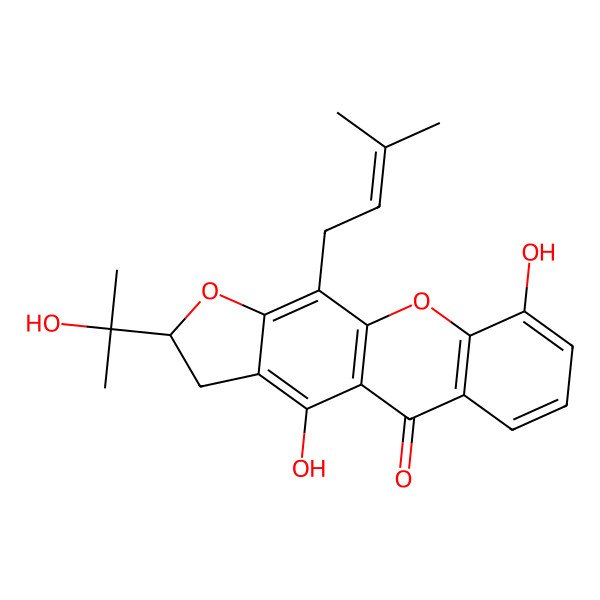 2D Structure of (2R)-4,9-dihydroxy-2-(2-hydroxypropan-2-yl)-11-(3-methylbut-2-enyl)-2,3-dihydrofuro[3,2-b]xanthen-5-one