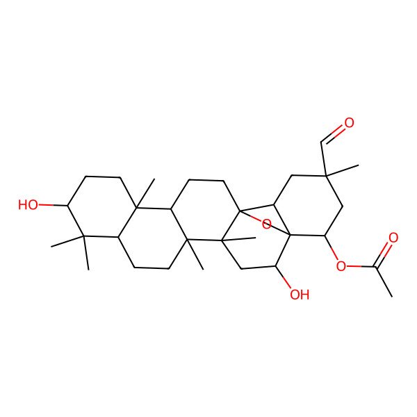 2D Structure of [(1R,2R,4S,5R,8R,10S,13R,14R,17S,18R,20R,22R)-20-formyl-2,10-dihydroxy-4,5,9,9,13,20-hexamethyl-24-oxahexacyclo[15.5.2.01,18.04,17.05,14.08,13]tetracosan-22-yl] acetate