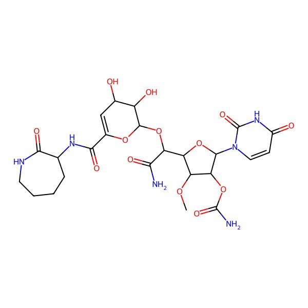 2D Structure of [5-[2-amino-1-[[3,4-dihydroxy-6-[(2-oxoazepan-3-yl)carbamoyl]-3,4-dihydro-2H-pyran-2-yl]oxy]-2-oxoethyl]-2-(2,4-dioxopyrimidin-1-yl)-4-methoxyoxolan-3-yl] carbamate