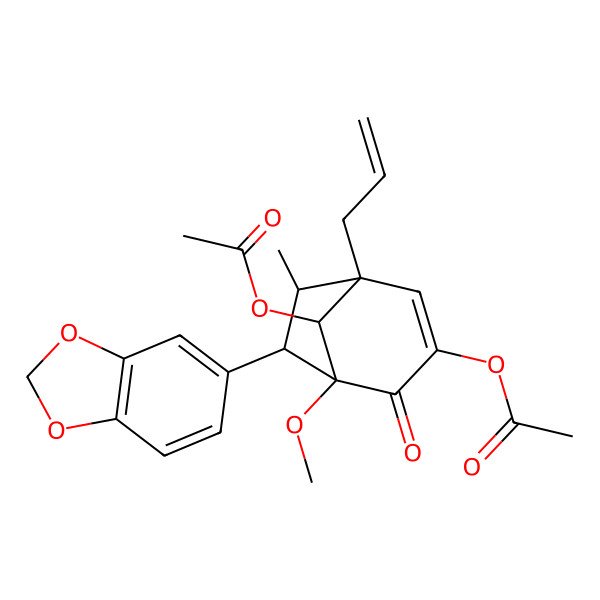 2D Structure of [(1R,5S,6R,7S)-3-acetyloxy-6-(1,3-benzodioxol-5-yl)-5-methoxy-7-methyl-4-oxo-1-prop-2-enyl-8-bicyclo[3.2.1]oct-2-enyl] acetate