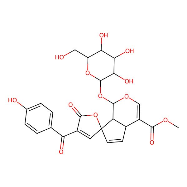 2D Structure of methyl (1S,4aS,7R,7aS)-4'-(4-hydroxybenzoyl)-5'-oxo-1-[(2S,3R,4S,5S,6R)-3,4,5-trihydroxy-6-(hydroxymethyl)oxan-2-yl]oxyspiro[4a,7a-dihydro-1H-cyclopenta[c]pyran-7,2'-furan]-4-carboxylate