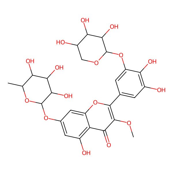 2D Structure of 2-[3,4-dihydroxy-5-[(2S,3R,4S,5R)-3,4,5-trihydroxyoxan-2-yl]oxyphenyl]-5-hydroxy-3-methoxy-7-[(2S,3R,4R,5R,6S)-3,4,5-trihydroxy-6-methyloxan-2-yl]oxychromen-4-one