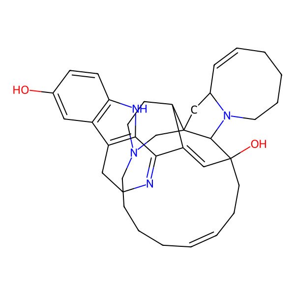 2D Structure of (1R,2R,4R,5Z,12R,13S,16E)-25-(6-hydroxy-4,9-dihydro-3H-pyrido[3,4-b]indol-1-yl)-11,22-diazapentacyclo[11.11.2.12,22.02,12.04,11]heptacosa-5,16,25-trien-13-ol