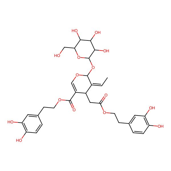 2D Structure of 2-(3,4-dihydroxyphenyl)ethyl 4-[2-[2-(3,4-dihydroxyphenyl)ethoxy]-2-oxoethyl]-5-ethylidene-6-[3,4,5-trihydroxy-6-(hydroxymethyl)oxan-2-yl]oxy-4H-pyran-3-carboxylate