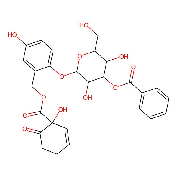 2D Structure of [(2S,3R,4S,5R,6R)-3,5-dihydroxy-2-[4-hydroxy-2-[[(1R)-1-hydroxy-6-oxocyclohex-2-ene-1-carbonyl]oxymethyl]phenoxy]-6-(hydroxymethyl)oxan-4-yl] benzoate