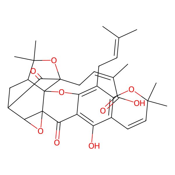 2D Structure of 4-[12-Hydroxy-8,8,22,22-tetramethyl-5-(3-methylbut-2-enyl)-14,19-dioxo-3,7,16,21-tetraoxaheptacyclo[16.4.1.02,15.02,20.04,13.06,11.015,17]tricosa-4(13),5,9,11-tetraen-20-yl]-2-methylbut-2-enoic acid