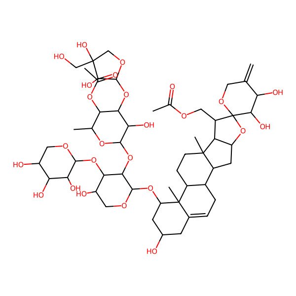 2D Structure of [(1S,2S,3'S,4S,4'S,6S,7R,8R,9S,12S,13R,14R,16R)-14-[(2S,3R,4S,5S)-3-[(2S,3R,4S,5S,6S)-5-acetyloxy-4-[(2S,3R,4R)-3,4-dihydroxy-4-(hydroxymethyl)oxolan-2-yl]oxy-3-hydroxy-6-methyloxan-2-yl]oxy-5-hydroxy-4-[(2S,3R,4S,5R)-3,4,5-trihydroxyoxan-2-yl]oxyoxan-2-yl]oxy-3',4',16-trihydroxy-9,13-dimethyl-5'-methylidenespiro[5-oxapentacyclo[10.8.0.02,9.04,8.013,18]icos-18-ene-6,2'-oxane]-7-yl]methyl acetate