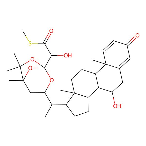 2D Structure of S-methyl 2-hydroxy-2-[3-[1-(7-hydroxy-10,13-dimethyl-3-oxo-6,7,8,9,11,12,14,15,16,17-decahydrocyclopenta[a]phenanthren-17-yl)ethyl]-5,6,6-trimethyl-2,7,8-trioxabicyclo[3.2.1]octan-1-yl]ethanethioate