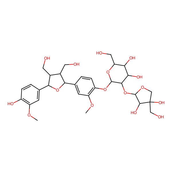 2D Structure of 5-[3,4-Dihydroxy-4-(hydroxymethyl)oxolan-2-yl]oxy-6-[4-[5-(4-hydroxy-3-methoxyphenyl)-3,4-bis(hydroxymethyl)oxolan-2-yl]-2-methoxyphenoxy]-2-(hydroxymethyl)oxane-3,4-diol