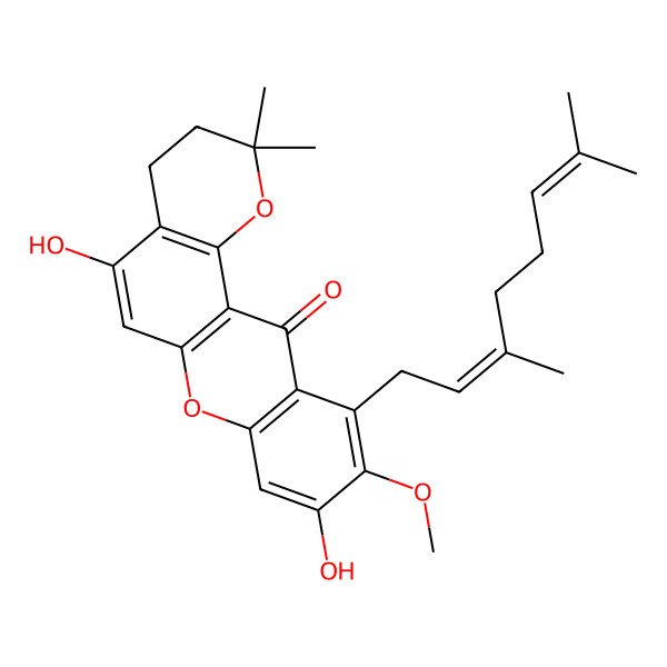 2D Structure of 11-(3,7-Dimethylocta-2,6-dienyl)-5,9-dihydroxy-10-methoxy-2,2-dimethyl-3,4-dihydropyrano[2,3-a]xanthen-12-one