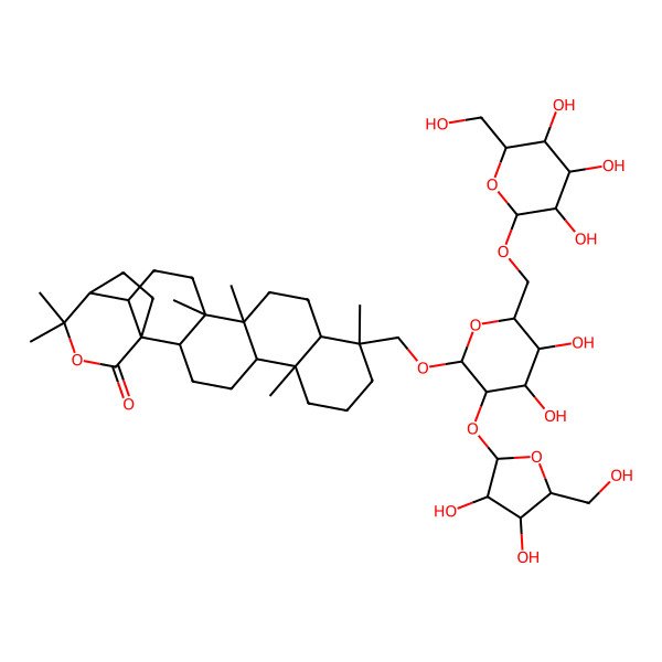 2D Structure of (1R,2S,5R,6R,10S,11R,14R,15R,18S,19S)-10-[[(2R,3R,4S,5S,6R)-3-[(2S,3R,4R,5S)-3,4-dihydroxy-5-(hydroxymethyl)oxolan-2-yl]oxy-4,5-dihydroxy-6-[[(2R,3R,4S,5S,6R)-3,4,5-trihydroxy-6-(hydroxymethyl)oxan-2-yl]oxymethyl]oxan-2-yl]oxymethyl]-6,10,14,15,20,20-hexamethyl-21-oxahexacyclo[17.3.2.01,18.02,15.05,14.06,11]tetracosan-22-one
