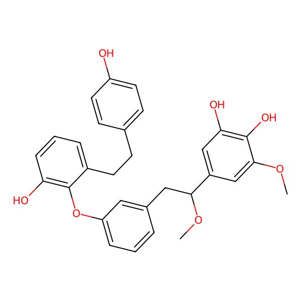 2D Structure of 5-[(1R)-2-[3-[2-hydroxy-6-[2-(4-hydroxyphenyl)ethyl]phenoxy]phenyl]-1-methoxyethyl]-3-methoxybenzene-1,2-diol