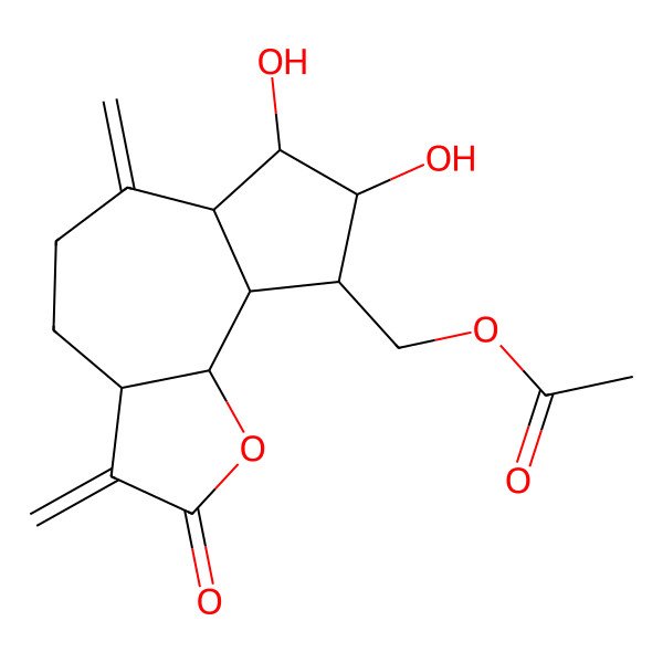 2D Structure of (7,8-dihydroxy-3,6-dimethylidene-2-oxo-4,5,6a,7,8,9,9a,9b-octahydro-3aH-azuleno[8,7-b]furan-9-yl)methyl acetate