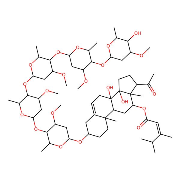 2D Structure of [(3S,8S,9R,10R,12R,13S,14R,17R)-17-acetyl-8,14-dihydroxy-3-[(2R,4S,5R,6R)-5-[(2S,4S,5R,6R)-5-[(2S,4R,5R,6R)-5-[(2S,4S,5R,6R)-5-[(2S,4R,5R,6R)-5-hydroxy-4-methoxy-6-methyloxan-2-yl]oxy-4-methoxy-6-methyloxan-2-yl]oxy-4-methoxy-6-methyloxan-2-yl]oxy-4-methoxy-6-methyloxan-2-yl]oxy-4-methoxy-6-methyloxan-2-yl]oxy-10,13-dimethyl-2,3,4,7,9,11,12,15,16,17-decahydro-1H-cyclopenta[a]phenanthren-12-yl] (E)-3,4-dimethylpent-2-enoate