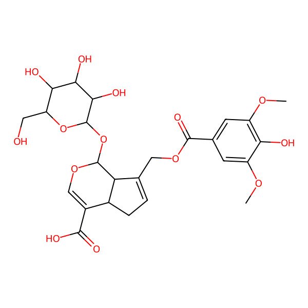 2D Structure of (1S,4aS,7aS)-7-[(4-hydroxy-3,5-dimethoxybenzoyl)oxymethyl]-1-[(2S,3R,4S,5S,6R)-3,4,5-trihydroxy-6-(hydroxymethyl)oxan-2-yl]oxy-1,4a,5,7a-tetrahydrocyclopenta[c]pyran-4-carboxylic acid