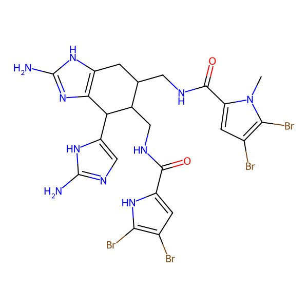 2D Structure of N-[[(5R,6S,7S)-2-amino-7-(2-amino-1H-imidazol-5-yl)-6-[[(4,5-dibromo-1H-pyrrole-2-carbonyl)amino]methyl]-4,5,6,7-tetrahydro-3H-benzimidazol-5-yl]methyl]-4,5-dibromo-1-methylpyrrole-2-carboxamide