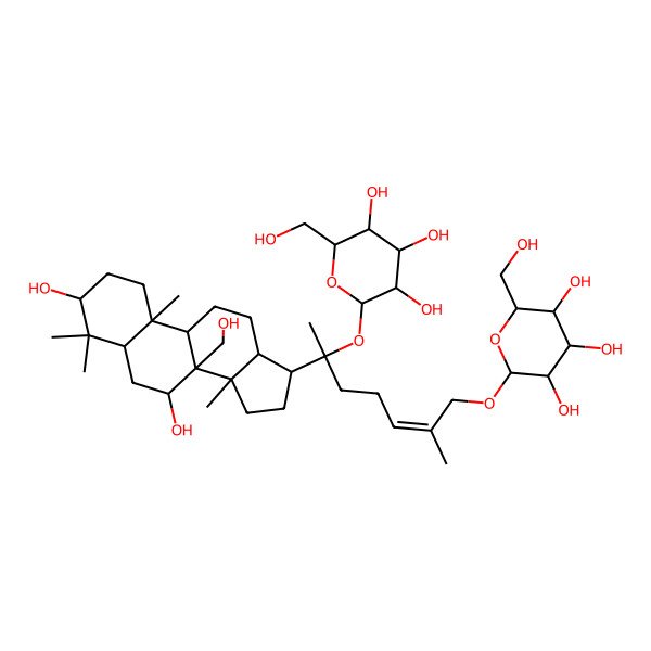 2D Structure of (2R,3R,4S,5S,6R)-2-[(Z,6S)-6-[(3S,5R,7S,8R,9R,10S,13R,14R,17S)-3,7-dihydroxy-8-(hydroxymethyl)-4,4,10,14-tetramethyl-2,3,5,6,7,9,11,12,13,15,16,17-dodecahydro-1H-cyclopenta[a]phenanthren-17-yl]-2-methyl-6-[(2S,3R,4S,5S,6R)-3,4,5-trihydroxy-6-(hydroxymethyl)oxan-2-yl]oxyhept-2-enoxy]-6-(hydroxymethyl)oxane-3,4,5-triol