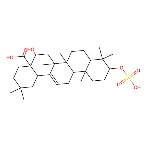 2D Structure of (4aR,5R,6aR,6aS,6bR,8aR,12aR,14bS)-5-hydroxy-2,2,6a,6b,9,9,12a-heptamethyl-10-sulfooxy-1,3,4,5,6,6a,7,8,8a,10,11,12,13,14b-tetradecahydropicene-4a-carboxylic acid 2D Structure of (4aR,5R,6aR,6aS,6bR,8aR,12aR,14bS)-5-hydroxy-2,2,6a,6b,9,9,12a-heptamethyl-10-sulfooxy-1,3,4,5,6,6a,7,8,8a,10,11,12,13,14b-tetradecahydropicene-4a-carboxylic acid
