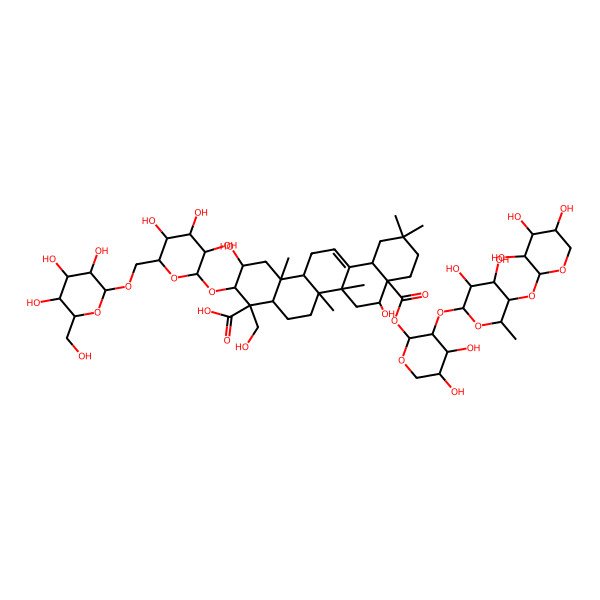 2D Structure of 8a-[3-[3,4-Dihydroxy-6-methyl-5-(3,4,5-trihydroxyoxan-2-yl)oxyoxan-2-yl]oxy-4,5-dihydroxyoxan-2-yl]oxycarbonyl-2,8-dihydroxy-4-(hydroxymethyl)-6a,6b,11,11,14b-pentamethyl-3-[3,4,5-trihydroxy-6-[[3,4,5-trihydroxy-6-(hydroxymethyl)oxan-2-yl]oxymethyl]oxan-2-yl]oxy-1,2,3,4a,5,6,7,8,9,10,12,12a,14,14a-tetradecahydropicene-4-carboxylic acid