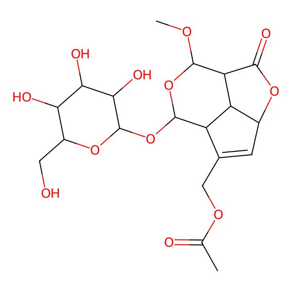 2D Structure of [10-Methoxy-2-oxo-8-[3,4,5-trihydroxy-6-(hydroxymethyl)oxan-2-yl]oxy-3,9-dioxatricyclo[5.3.1.04,11]undec-5-en-6-yl]methyl acetate