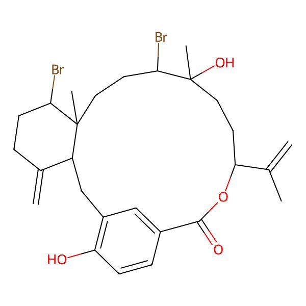 2D Structure of 7,11-Dibromo-12,21-dihydroxy-8,12-dimethyl-4-methylidene-15-prop-1-en-2-yl-16-oxatricyclo[16.3.1.03,8]docosa-1(21),18(22),19-trien-17-one