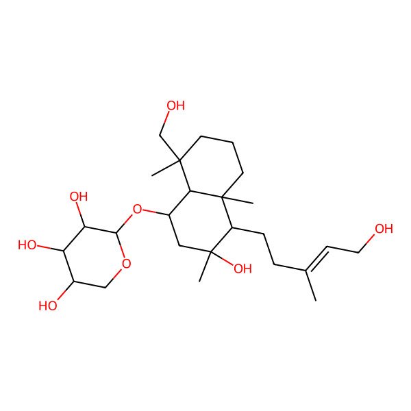 2D Structure of (2S,3R,4S,5S)-2-[[(1S,3R,4R,4aS,8S,8aR)-3-hydroxy-8-(hydroxymethyl)-4-[(E)-5-hydroxy-3-methylpent-3-enyl]-3,4a,8-trimethyl-2,4,5,6,7,8a-hexahydro-1H-naphthalen-1-yl]oxy]oxane-3,4,5-triol