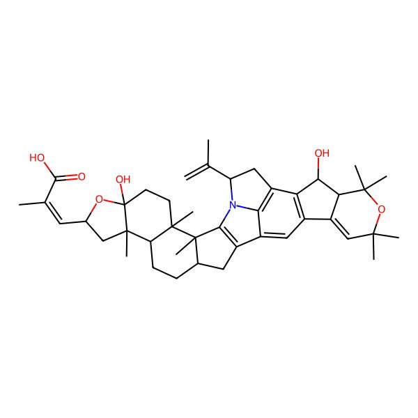 2D Structure of 3-(7,27-Dihydroxy-3,4,11,23,23,25,25-heptamethyl-31-prop-1-en-2-yl-8,24-dioxa-1-azanonacyclo[16.13.1.02,17.03,15.04,12.07,11.020,28.021,26.029,32]dotriaconta-2(17),18,20(28),21,29(32)-pentaen-9-yl)-2-methylprop-2-enoic acid