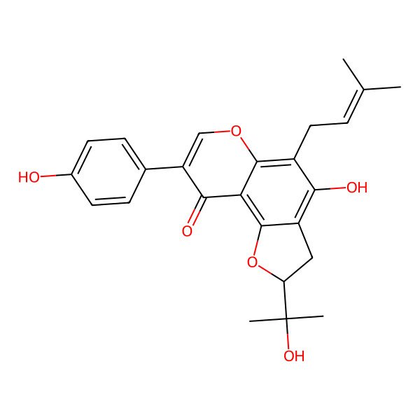 2D Structure of 4-Hydroxy-8-(4-hydroxyphenyl)-2-(2-hydroxypropan-2-yl)-5-(3-methylbut-2-enyl)-2,3-dihydrofuro[2,3-f]chromen-9-one