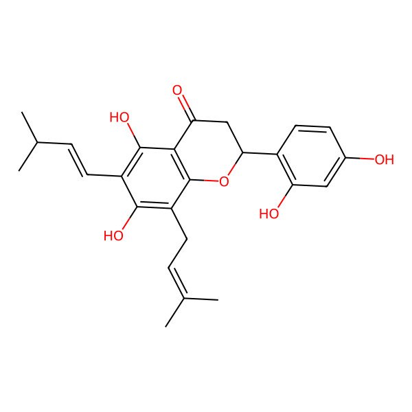 2D Structure of (2S)-2-(2,4-dihydroxyphenyl)-5,7-dihydroxy-6-[(E)-3-methylbut-1-enyl]-8-(3-methylbut-2-enyl)-2,3-dihydrochromen-4-one