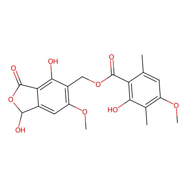 2D Structure of [(1R)-1,4-dihydroxy-6-methoxy-3-oxo-1H-2-benzofuran-5-yl]methyl 2-hydroxy-4-methoxy-3,6-dimethylbenzoate