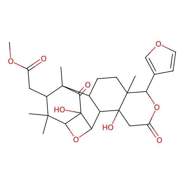 2D Structure of methyl 2-[(1R,2R,3R,7S,8S,11S,12R,13S,15S,17R)-7-(furan-3-yl)-3,17-dihydroxy-8,12,14,14-tetramethyl-5,18-dioxo-6,16-dioxapentacyclo[10.4.2.02,11.03,8.015,17]octadecan-13-yl]acetate