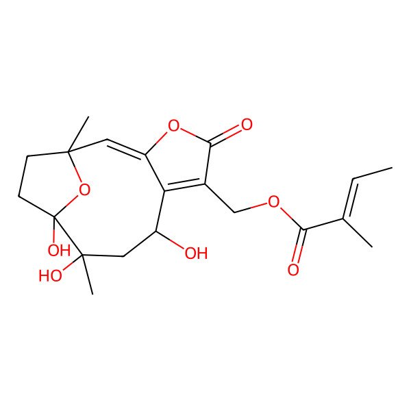 2D Structure of [(1R,2E,8R,10R,11S)-8,10,11-trihydroxy-1,10-dimethyl-5-oxo-4,14-dioxatricyclo[9.2.1.03,7]tetradeca-2,6-dien-6-yl]methyl (E)-2-methylbut-2-enoate