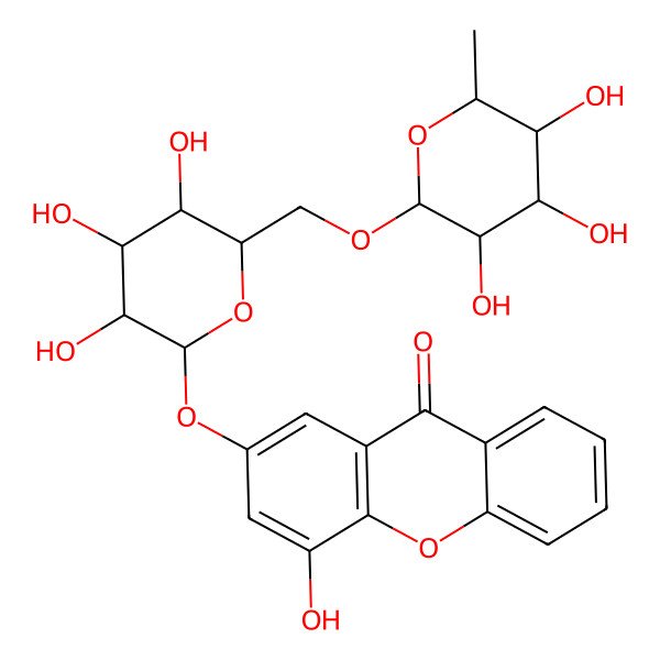 2D Structure of 4-hydroxy-2-[(2S,3R,4S,5S,6R)-3,4,5-trihydroxy-6-[[(2R,3R,4R,5R,6S)-3,4,5-trihydroxy-6-methyloxan-2-yl]oxymethyl]oxan-2-yl]oxyxanthen-9-one