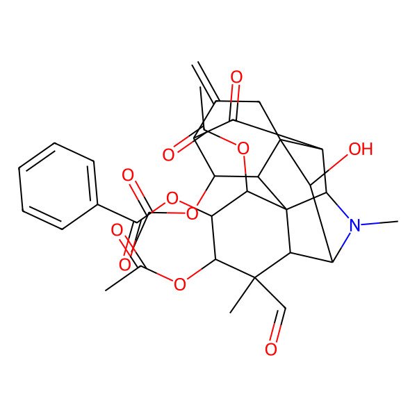 2D Structure of (4,6,18-Triacetyloxy-7-formyl-17-hydroxy-7,10-dimethyl-15-methylidene-13-oxo-10-azahexacyclo[7.7.1.12,14.01,12.03,8.03,11]octadecan-5-yl) benzoate