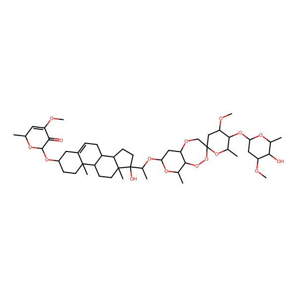 2D Structure of (2R,6R)-6-[[(3S,8R,9S,10R,13S,14S,17R)-17-[(1S)-1-[(3S,4'R,5'R,5aR,6'R,7S,9R,9aR)-5'-[(2S,4S,5R,6R)-5-hydroxy-4-methoxy-6-methyloxan-2-yl]oxy-4'-methoxy-6',9-dimethylspiro[4,5a,6,7,9,9a-hexahydropyrano[3,4-c][1,2,5]trioxepine-3,2'-oxane]-7-yl]oxyethyl]-17-hydroxy-10,13-dimethyl-1,2,3,4,7,8,9,11,12,14,15,16-dodecahydrocyclopenta[a]phenanthren-3-yl]oxy]-4-methoxy-2-methyl-2H-pyran-5-one