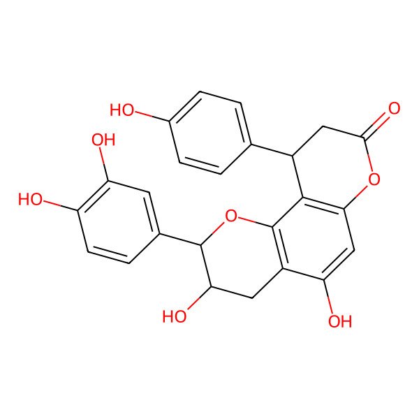 2D Structure of 2-(3,4-dihydroxyphenyl)-3,5-dihydroxy-10-(4-hydroxyphenyl)-3,4,9,10-tetrahydro-2H-pyrano[2,3-f]chromen-8-one