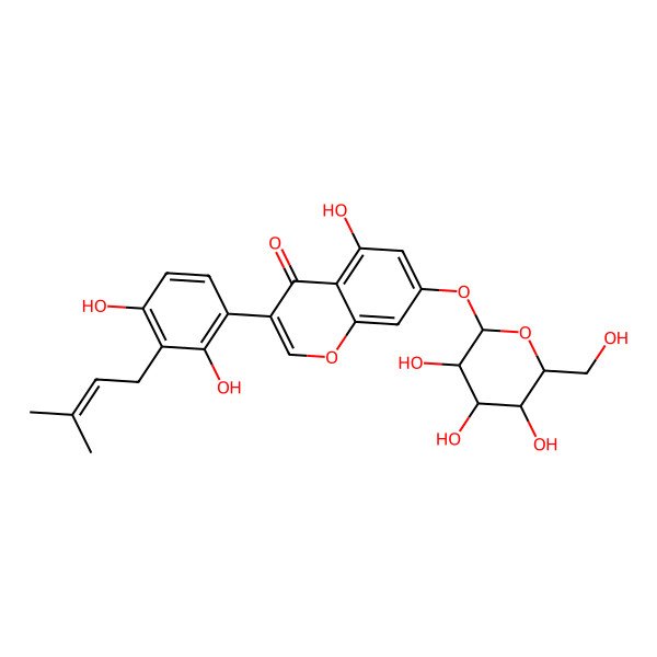 2D Structure of 3-[2,4-dihydroxy-3-(3-methylbut-2-enyl)phenyl]-5-hydroxy-7-[(2S,3S,4S,5R,6S)-3,4,5-trihydroxy-6-(hydroxymethyl)oxan-2-yl]oxychromen-4-one