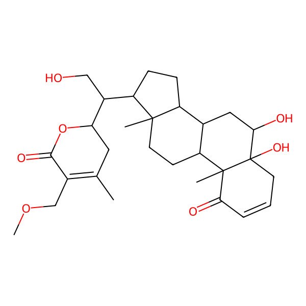 2D Structure of (2R)-2-[(1R)-1-[(5R,6R,8S,9S,10R,13S,14S,17R)-5,6-dihydroxy-10,13-dimethyl-1-oxo-6,7,8,9,11,12,14,15,16,17-decahydro-4H-cyclopenta[a]phenanthren-17-yl]-2-hydroxyethyl]-5-(methoxymethyl)-4-methyl-2,3-dihydropyran-6-one
