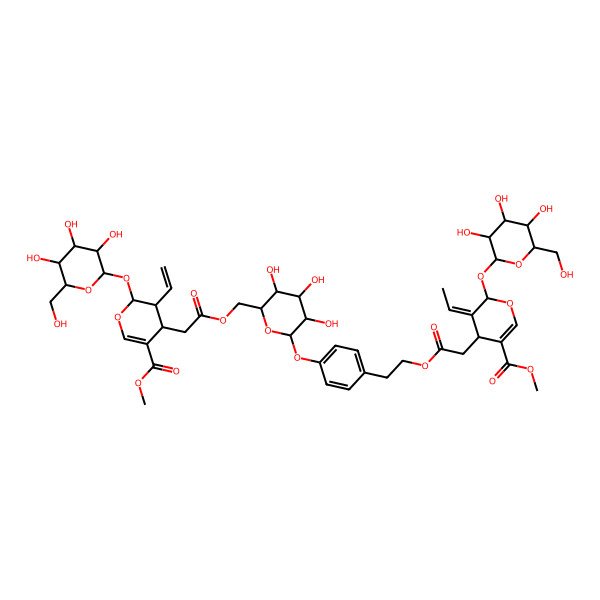 2D Structure of methyl (4S,5E,6S)-4-[2-[2-[4-[(2S,3R,4S,5S,6R)-6-[[2-[(2S,3R,4S)-3-ethenyl-5-methoxycarbonyl-2-[(2S,3R,4S,5S,6R)-3,4,5-trihydroxy-6-(hydroxymethyl)oxan-2-yl]oxy-3,4-dihydro-2H-pyran-4-yl]acetyl]oxymethyl]-3,4,5-trihydroxyoxan-2-yl]oxyphenyl]ethoxy]-2-oxoethyl]-5-ethylidene-6-[(2S,3R,4S,5S,6R)-3,4,5-trihydroxy-6-(hydroxymethyl)oxan-2-yl]oxy-4H-pyran-3-carboxylate