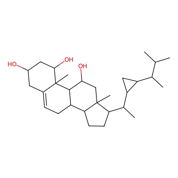 2D Structure of (1S,3R,8S,9S,10R,11R,13R,14S,17R)-10,13-dimethyl-17-[(1R)-1-[(1R,2R)-2-[(2R)-3-methylbutan-2-yl]cyclopropyl]ethyl]-2,3,4,7,8,9,11,12,14,15,16,17-dodecahydro-1H-cyclopenta[a]phenanthrene-1,3,11-triol