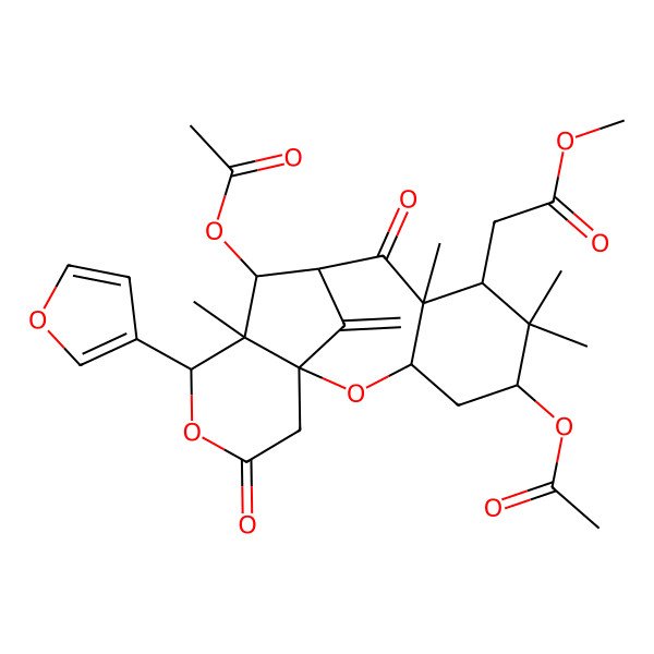2D Structure of methyl 2-[(1S,3S,5R,7S,8R,11S,12S,13S)-5,11-diacetyloxy-13-(furan-3-yl)-6,6,8,12-tetramethyl-17-methylidene-9,15-dioxo-2,14-dioxatetracyclo[8.6.1.01,12.03,8]heptadecan-7-yl]acetate