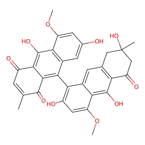 2D Structure of 7,10-Dihydroxy-5-methoxy-2-methyl-9-(2,7,10-trihydroxy-4-methoxy-7-methyl-5-oxo-6,8-dihydroanthracen-1-yl)anthracene-1,4-dione